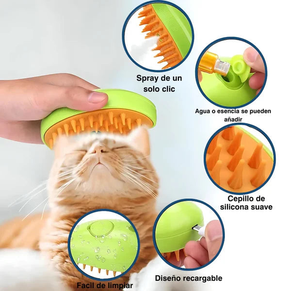 Cepillo Vaporizador 3 en 1 para Mascotas – Elimina Pelo, Desenreda y Higieniza con Vapor
